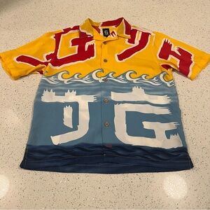 Vintage GUESS Wave Graphic Button Up Lightweight Shirt Medium Blue Yellow Red